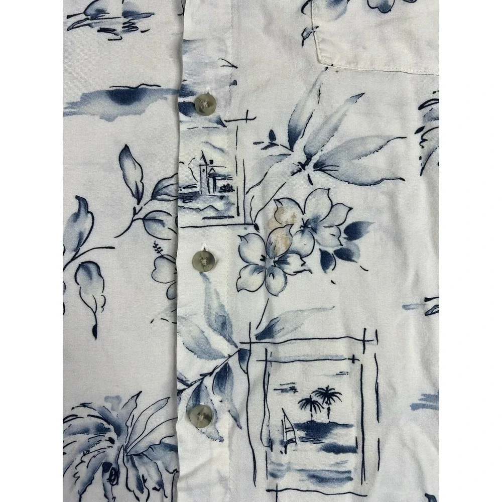 Campia Moda Mens Medium White Floral Hawaiian Rayon Button Up Shirt Short Sleeve
